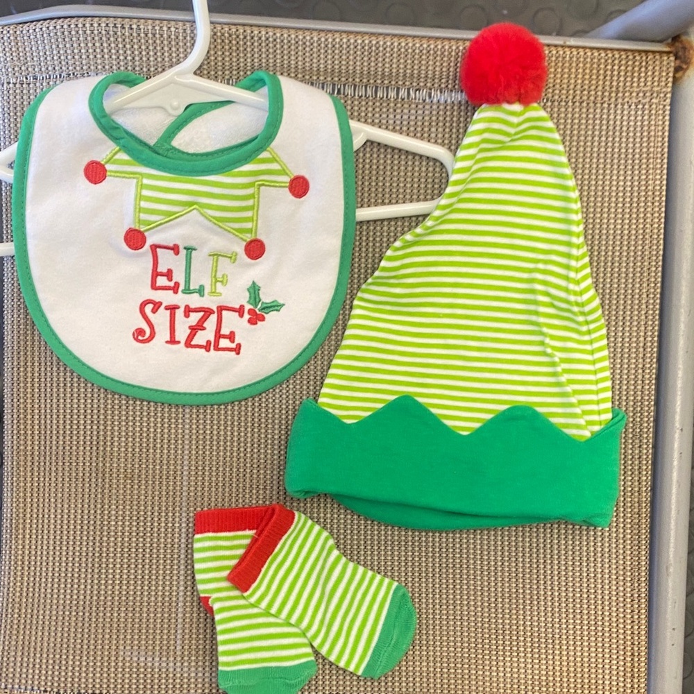 Baby Elf Hat, Bib and Socks Set - Green & Red Holiday Outfit